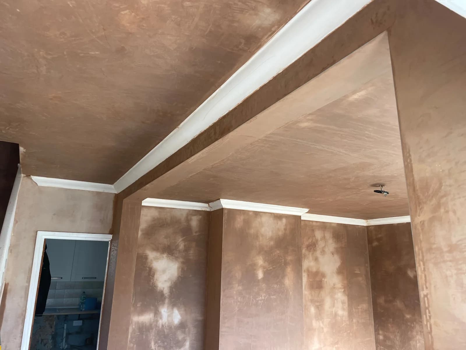 Freshly plastered ceiling with new coving and cornice by D.E.C Plastering